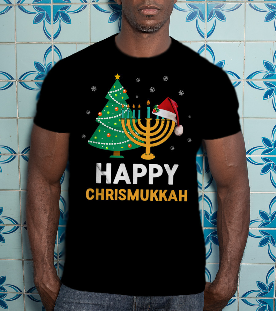 Happy Chrismukkah Funny Hanukkah Christmas Tree Menorah Santa Hat Snowflakes T-Shirt
