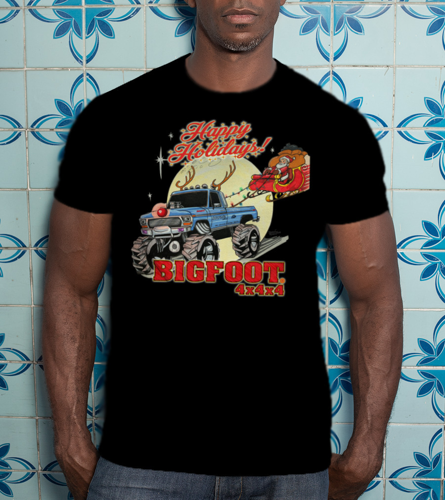 Happy Holidays Bigfoot 4x4x4 Santa Sleigh Reindeer Truck T-Shirt