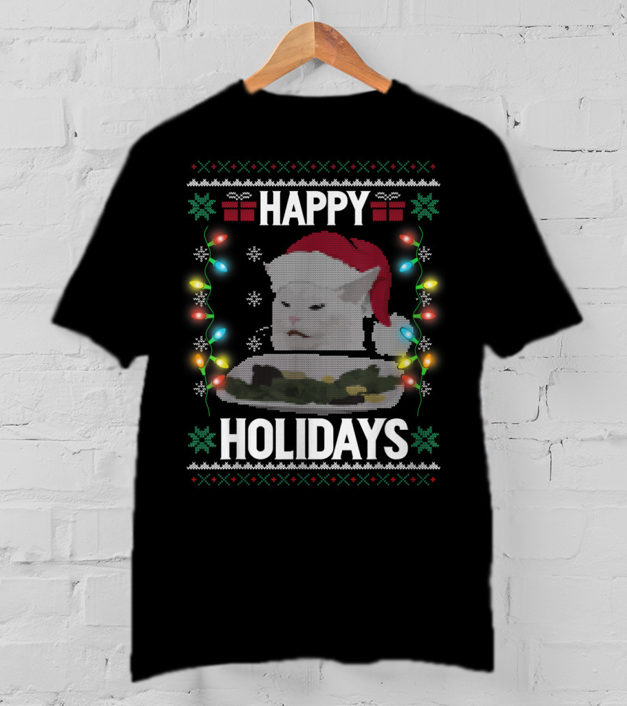 Happy Holidays Yelling Cat Meme Christmas Lights T-Shirt