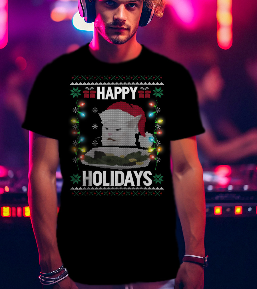 Happy Holidays Yelling Cat Meme Christmas Lights T-Shirt