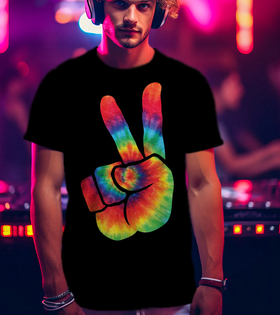 Hippie Tie Dye Peace Hand Colortone Rainbow T-Shirt