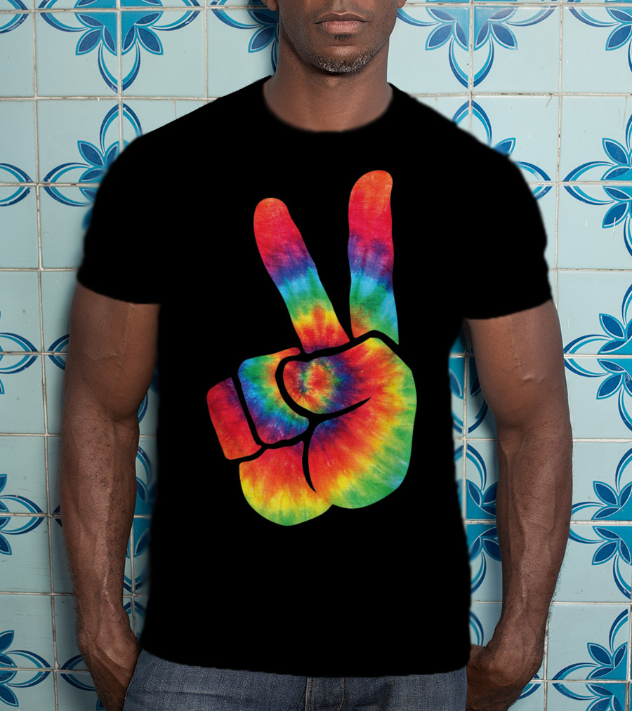 Hippie Tie Dye Peace Hand Colortone Rainbow T-Shirt