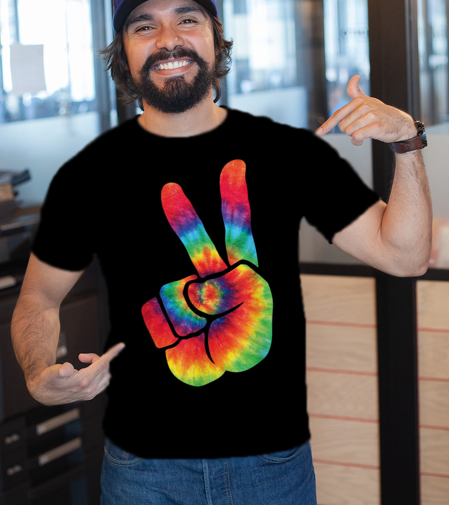 Hippie Tie Dye Peace Hand Colortone Rainbow T-Shirt