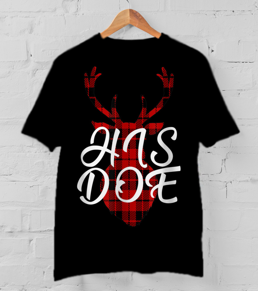 His Doe Couples Matching Red Buffalo Plaid Deer Head T-Shirt