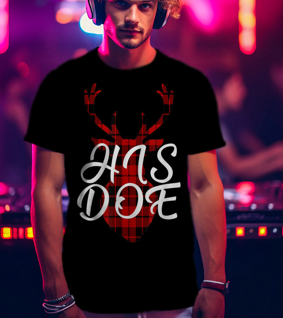 His Doe Couples Matching Red Buffalo Plaid Deer Head T-Shirt