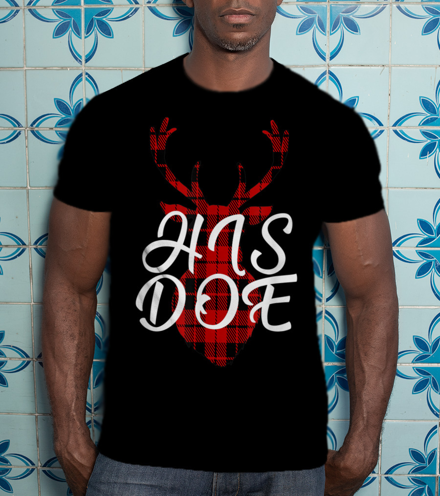 His Doe Couples Matching Red Buffalo Plaid Deer Head T-Shirt