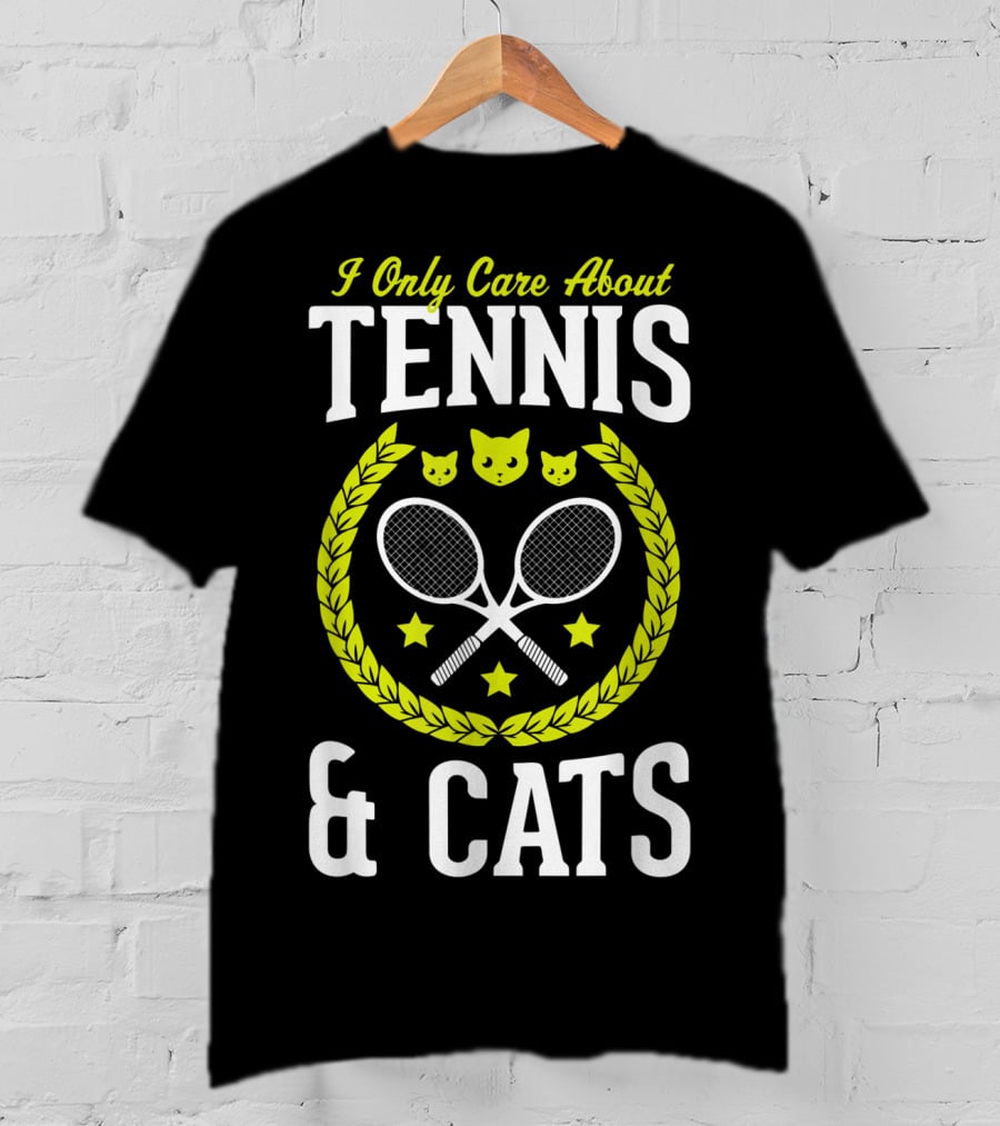 I Only Care About Tennis And Cats Funny Tennis Rackets Cat Faces Laurel Stars T-Shirt