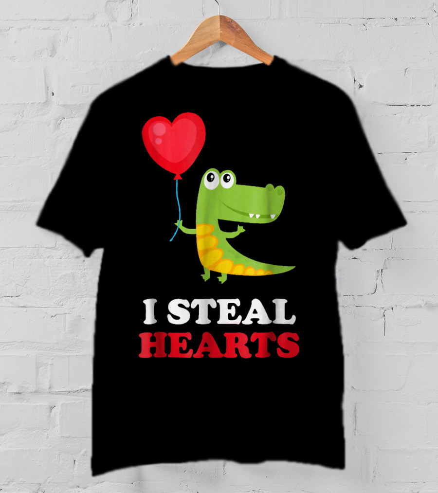 I Steal Hearts Dinosaur Holding Balloon Valentines Day T-Shirt