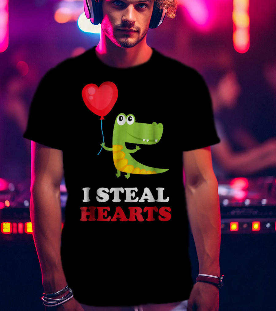 I Steal Hearts Dinosaur Holding Balloon Valentines Day T-Shirt