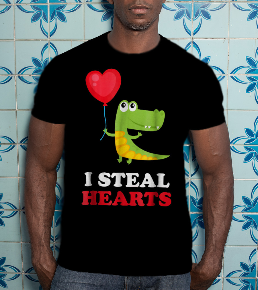 I Steal Hearts Dinosaur Holding Balloon Valentines Day T-Shirt