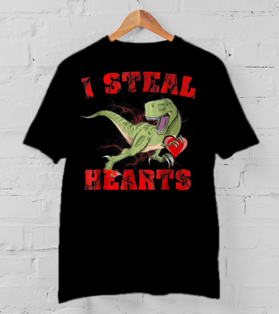 I Steal Hearts Valentine's Day Dinosaur Rex E2 Funny T-Rex Holding Heart T-Shirt