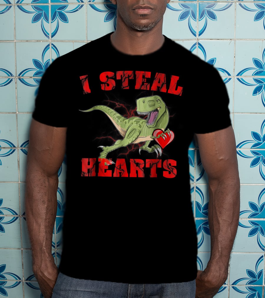 I Steal Hearts Valentine's Day Dinosaur Rex E2 Funny T-Rex Holding Heart T-Shirt