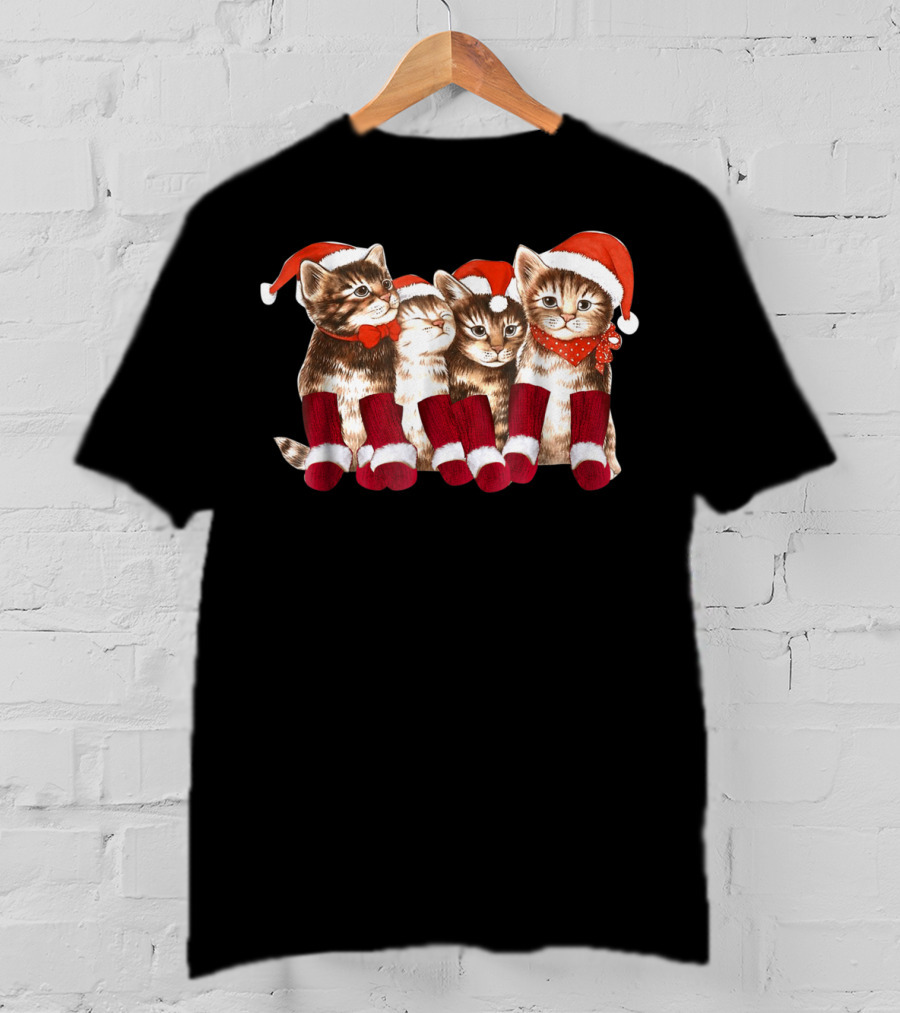 Kittens With Santa Hats Funny Christmas Cat Stockings T-Shirt