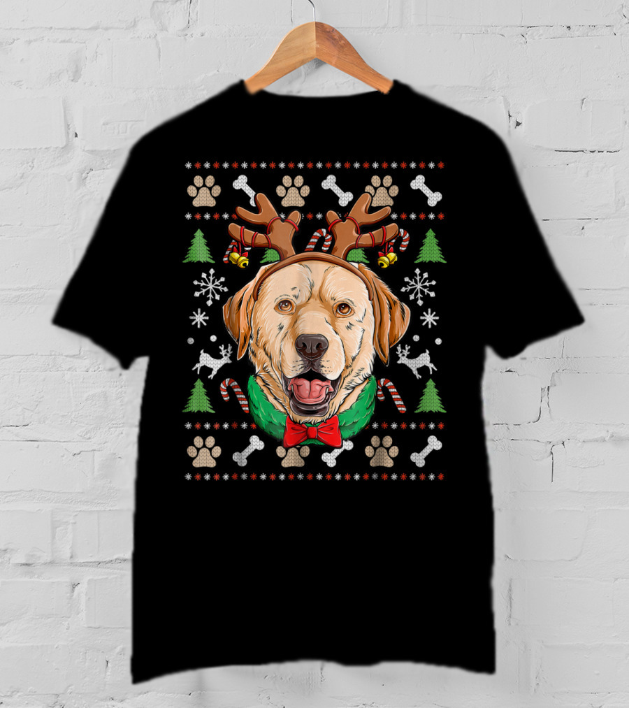 Labrador Reindeer Antlers Ugly Christmas Dog With Candy Canes And Paw Prints T-Shirt