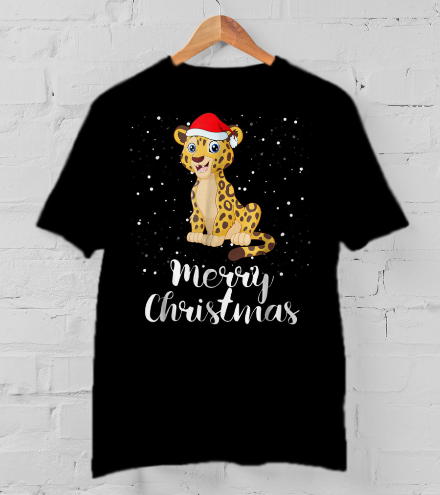 Merry Christmas Leopard Santa Hat Matching Family Group T-Shirt