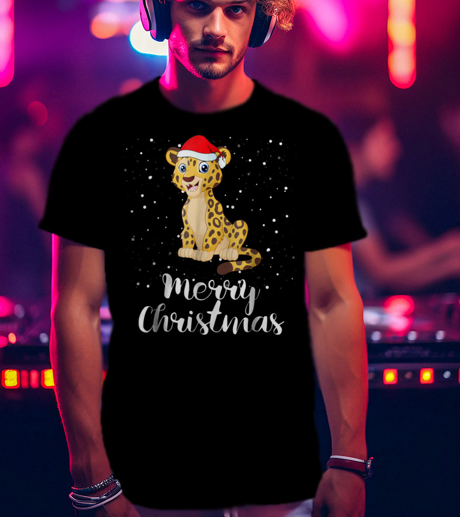 Merry Christmas Leopard Santa Hat Matching Family Group T-Shirt