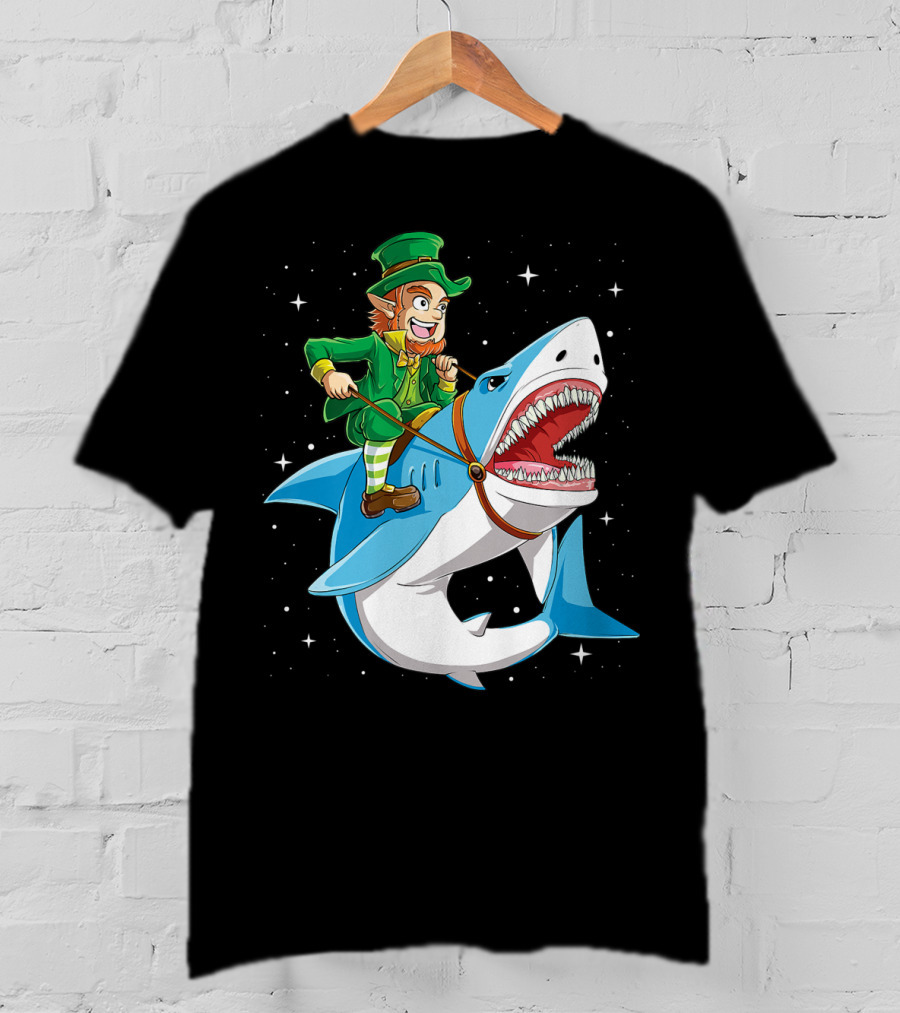 Leprechaun Riding Shark Happy St Patricks Day Fun Boys Adventure T-Shirt