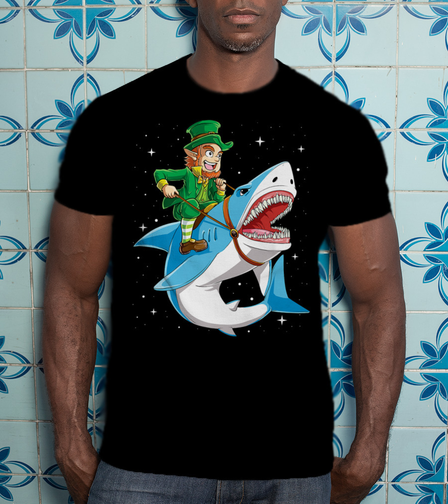 Leprechaun Riding Shark Happy St Patricks Day Fun Boys Adventure T-Shirt