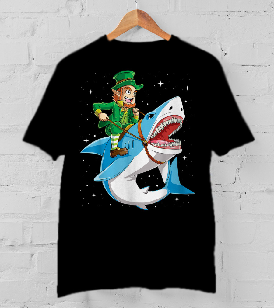 Leprechaun On Great White Shark With Starry Background T-Shirt