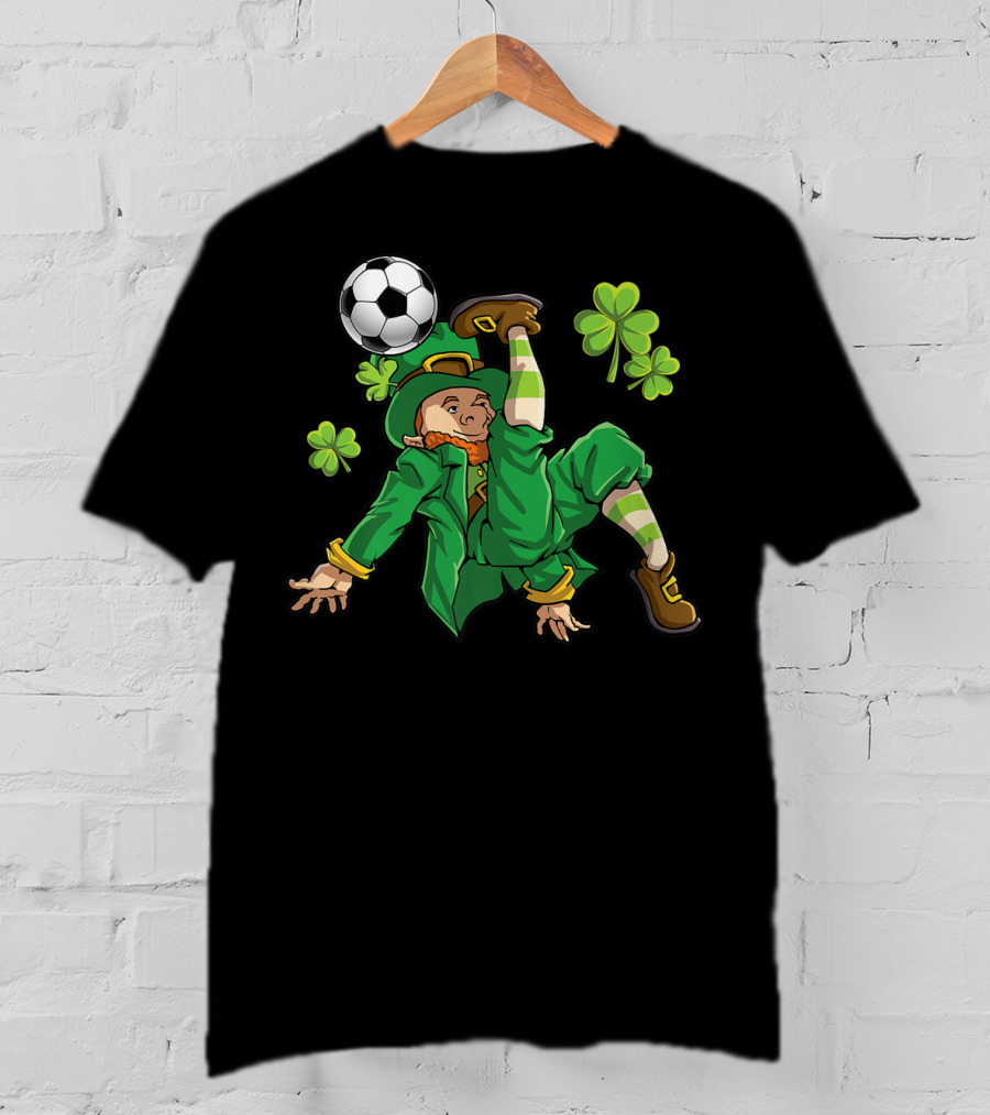 Leprechaun Soccer With Shamrocks And Soccer Ball Kick T-Shirt