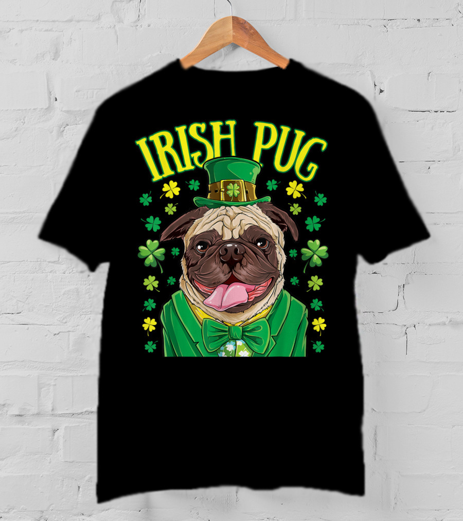 Irish Pug Leprechaun St Patricks Day Boys Dog Shamrock Hat Bow Tie T-Shirt