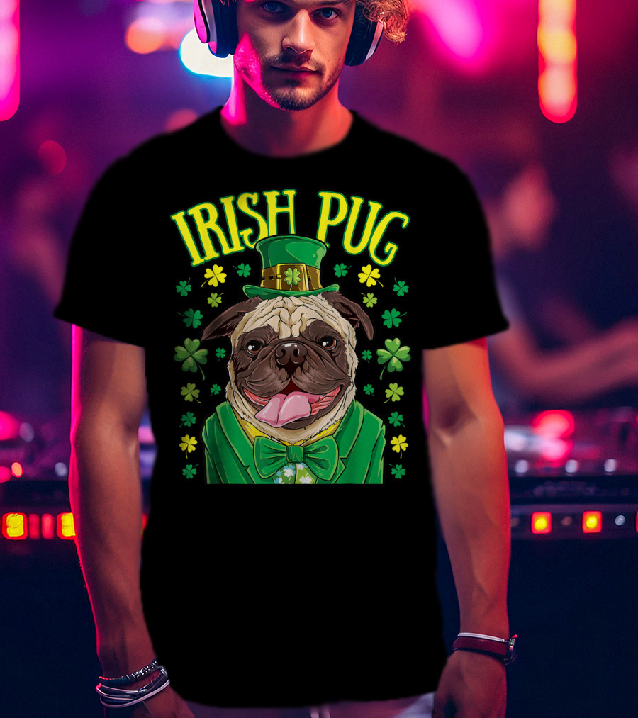 Irish Pug Leprechaun St Patricks Day Boys Dog Shamrock Hat Bow Tie T-Shirt