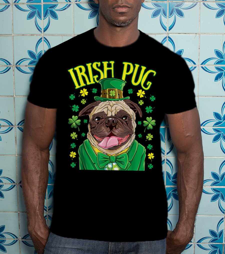 Irish Pug Leprechaun St Patricks Day Boys Dog Shamrock Hat Bow Tie T-Shirt