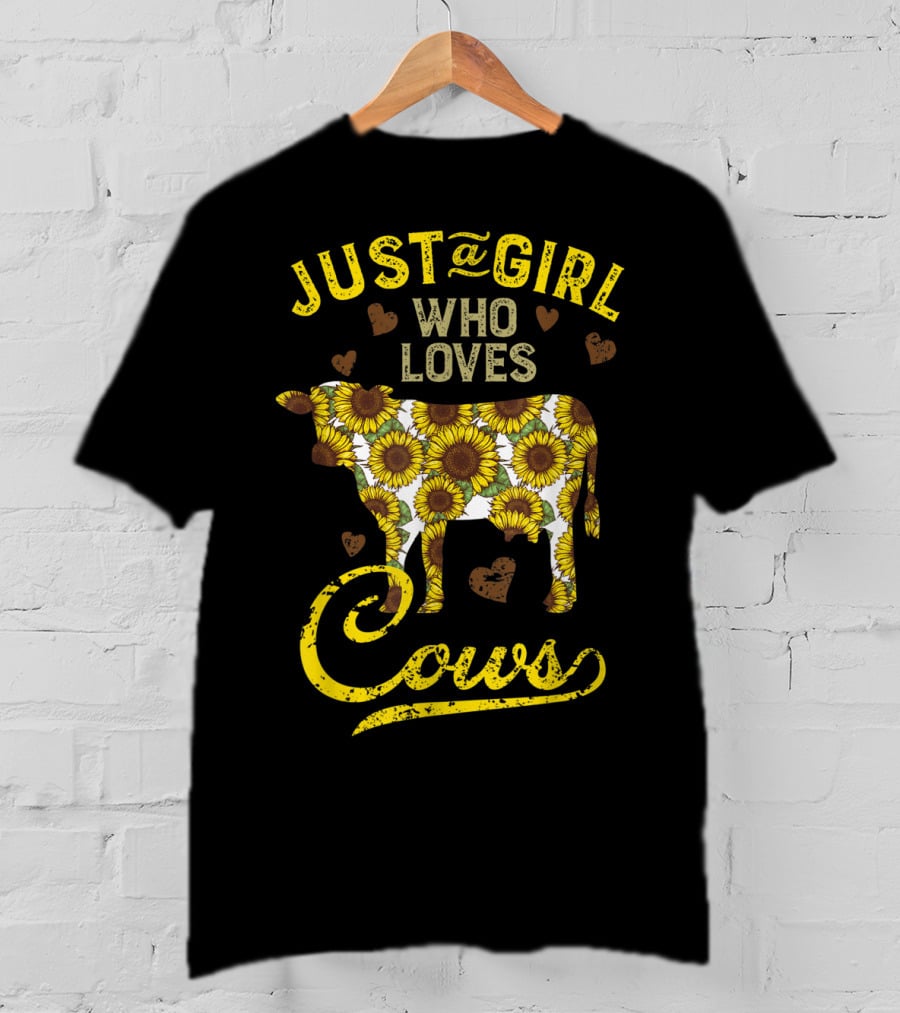 Just A Girl Who Loves Cows Sunflower Farm Sunflower Patterned Cow With Hearts T-Shirt