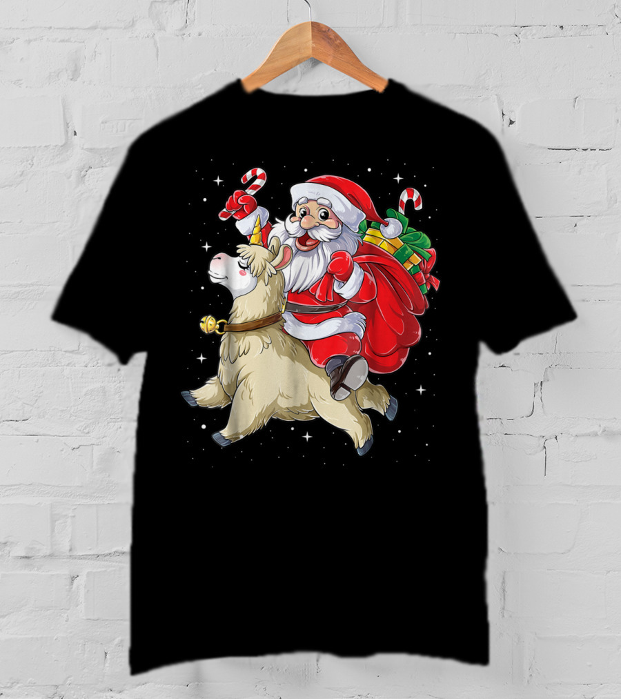 Santa Claus Riding Llamacorn Unicorn With Candy Canes And Gifts T-Shirt