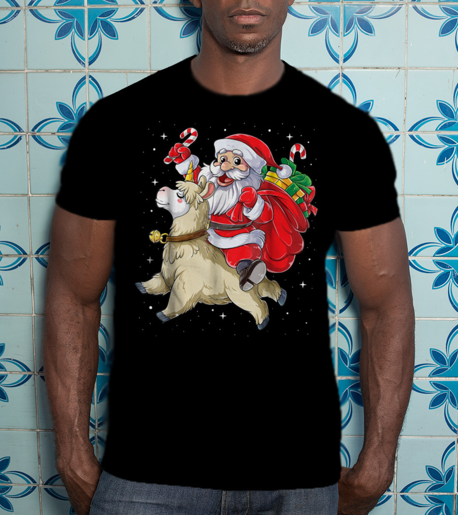 Santa Claus Riding Llamacorn Unicorn With Candy Canes And Gifts T-Shirt