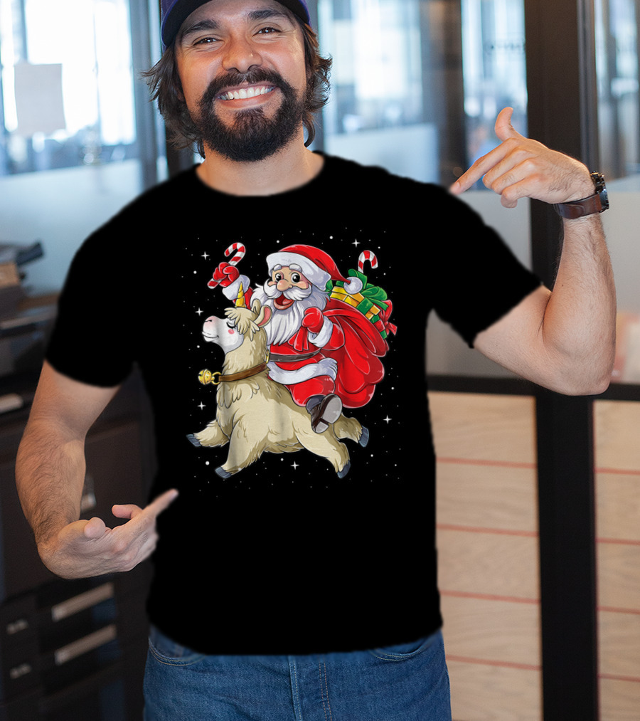Santa Claus Riding Llamacorn Unicorn With Candy Canes And Gifts T-Shirt