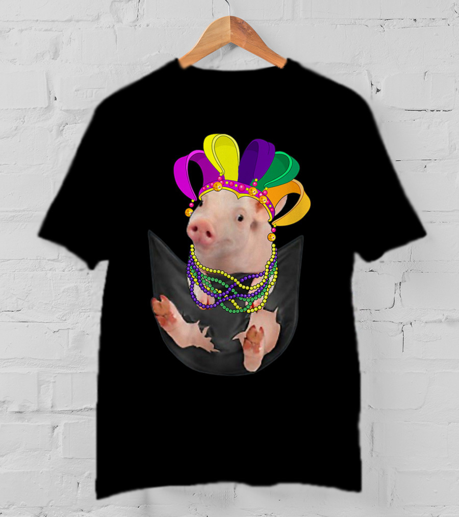 Mardi Gras Pig In Your Pocket With Colorful Beads And Jester Hat Farm Animal T-Shirt