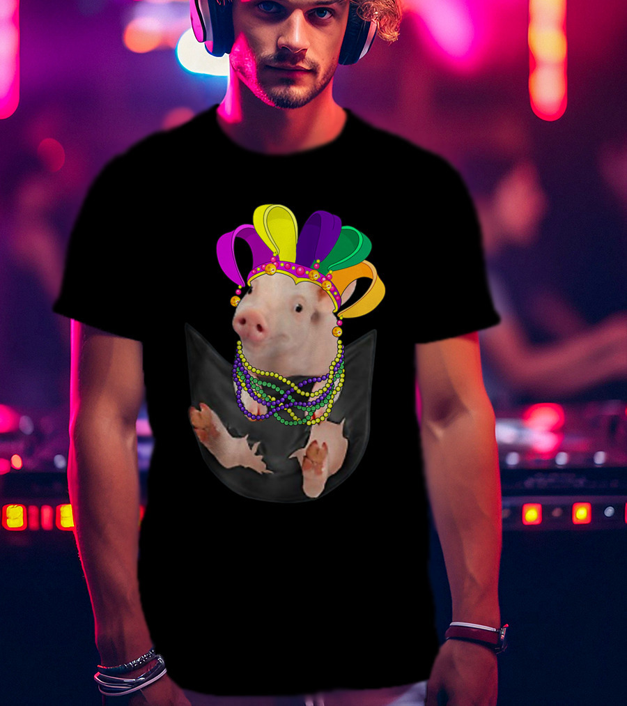 Mardi Gras Pig In Your Pocket With Colorful Beads And Jester Hat Farm Animal T-Shirt