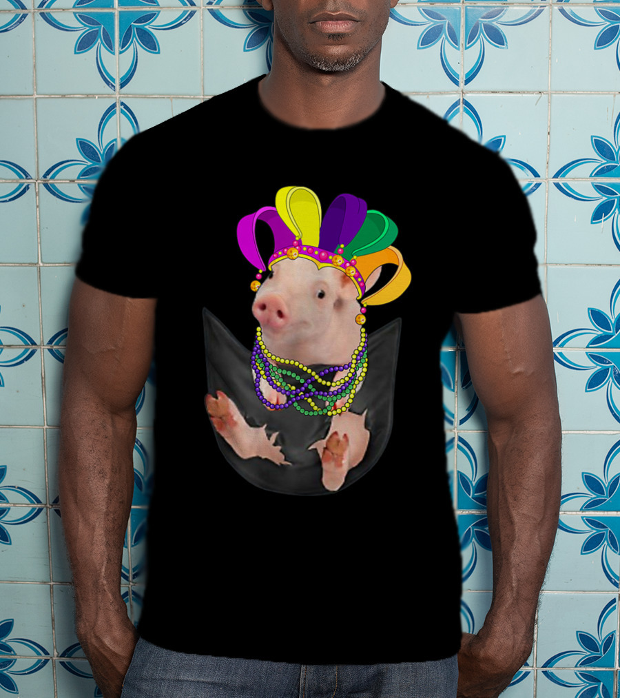 Mardi Gras Pig In Your Pocket With Colorful Beads And Jester Hat Farm Animal T-Shirt