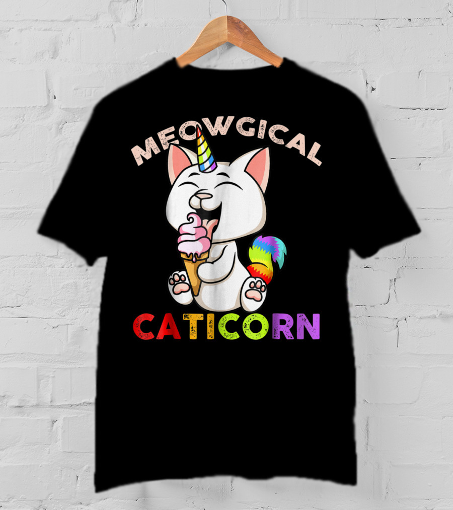 Meowgical Caticorn Rainbow Cat Unicorn Eating Ice Cream Cone T-Shirt