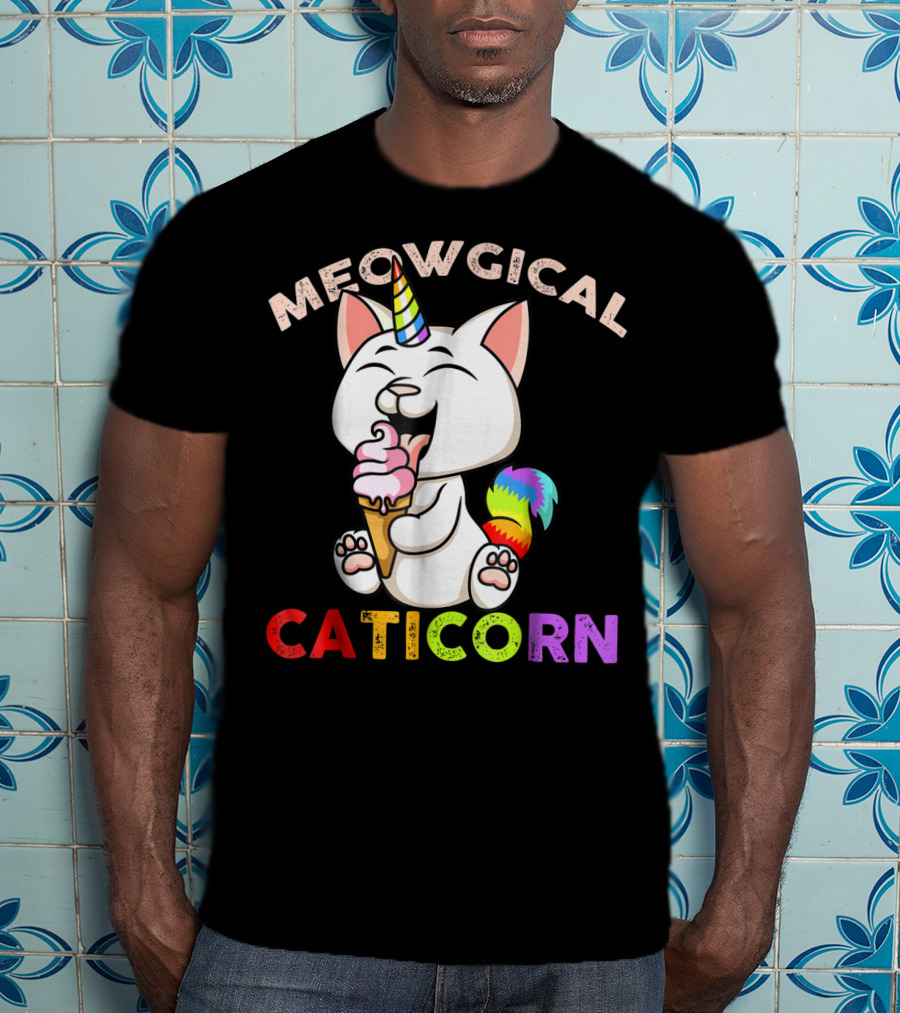 Meowgical Caticorn Rainbow Cat Unicorn Eating Ice Cream Cone T-Shirt