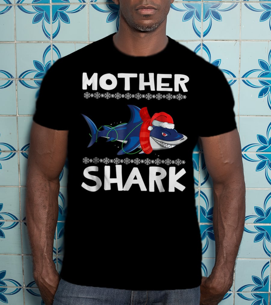 Mother Shark Ugly Christmas Sweater Santa Hat Family T-Shirt