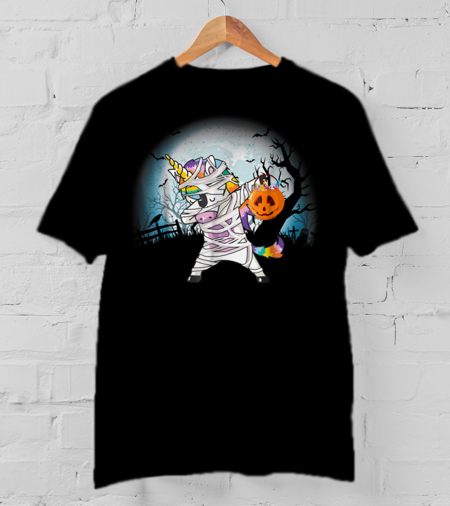 Halloween Mummy Unicorn Dabbing With Pumpkin Basket T-Shirt