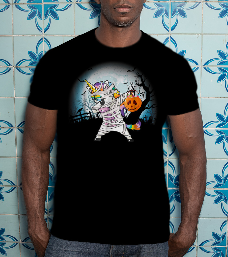 Halloween Mummy Unicorn Dabbing With Pumpkin Basket T-Shirt