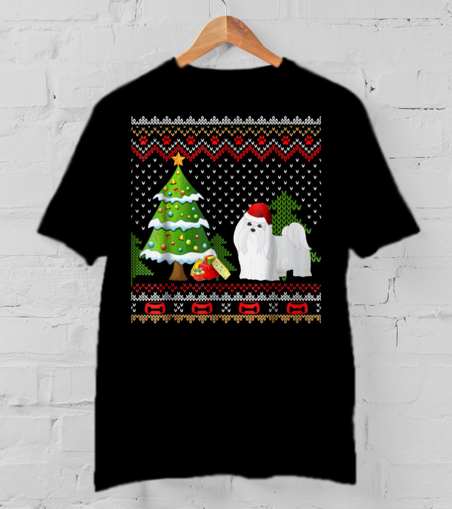 Maltese Santa Christmas UglyDog With Festive Tree And Gifts T-Shirt