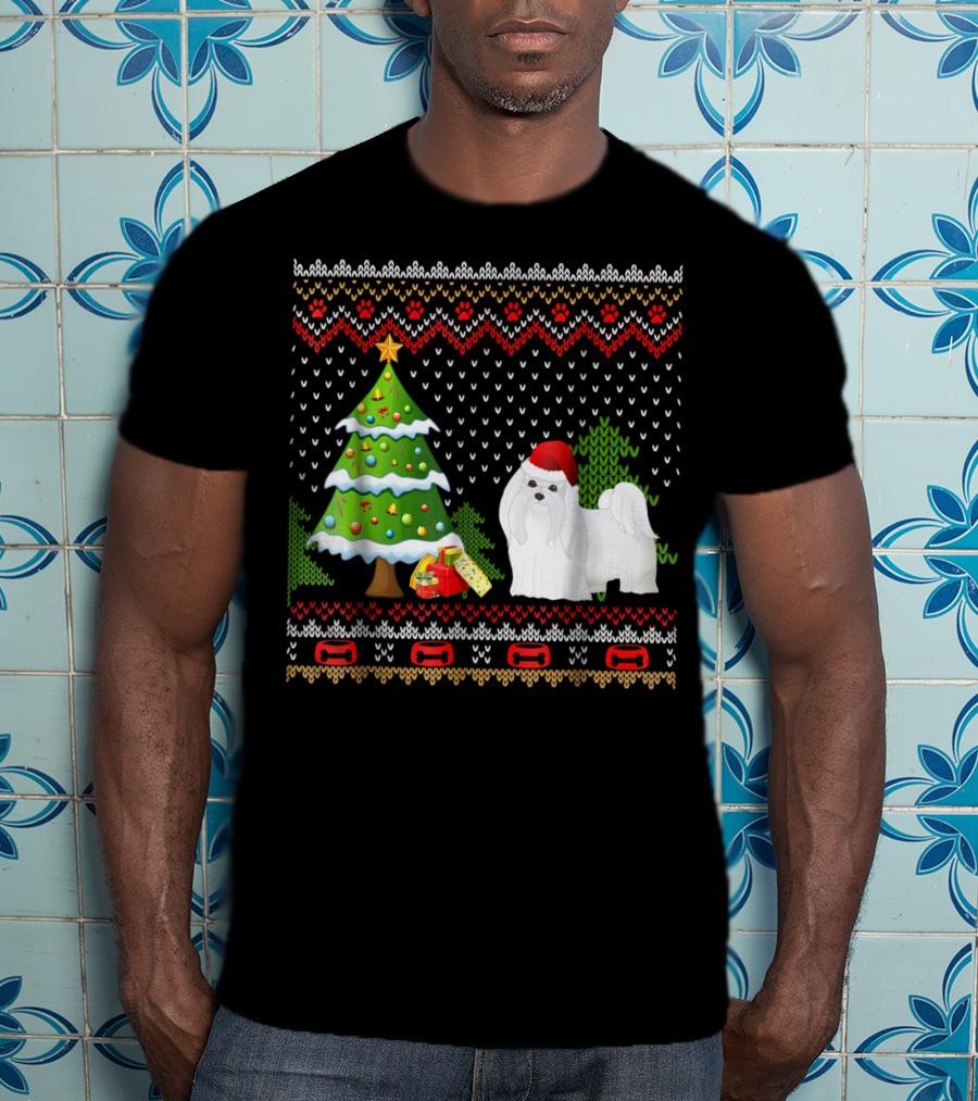 Maltese Santa Christmas UglyDog With Festive Tree And Gifts T-Shirt