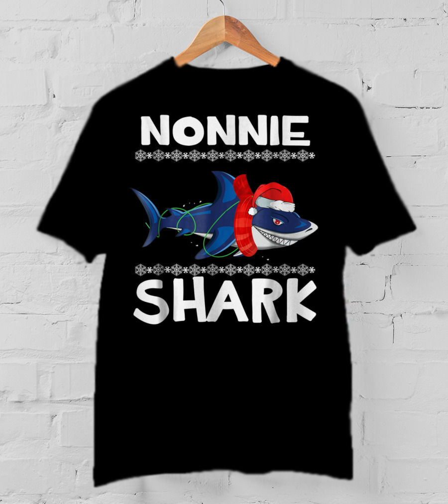 Nonnie Shark Christmas Family With Santa Hat And Scarf T-Shirt