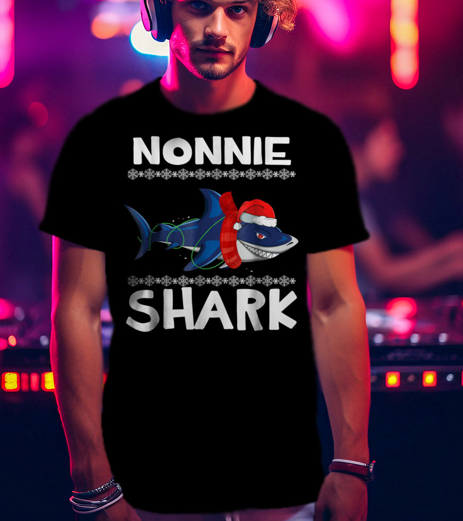 Nonnie Shark Christmas Family With Santa Hat And Scarf T-Shirt