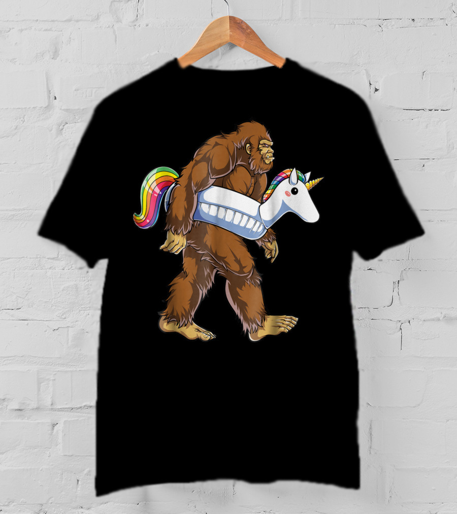 Sasquatch With Unicorn Float Pool Party Bigfoot T-Shirt