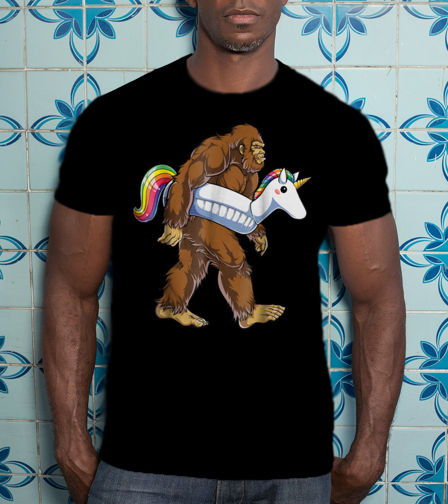 Sasquatch With Unicorn Float Pool Party Bigfoot T-Shirt