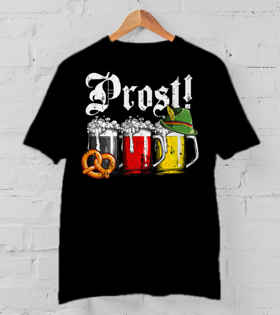 Prost Beer German Flag Oktoberfest With Pretzel And Bavarian Hat T-Shirt