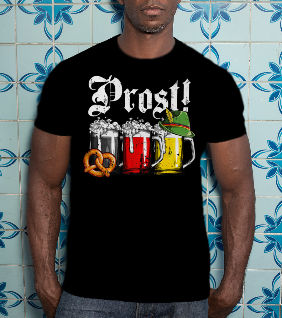 Prost Beer German Flag Oktoberfest With Pretzel And Bavarian Hat T-Shirt