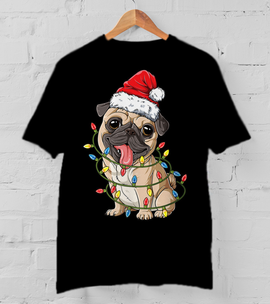Pug Wearing Santa Hat Wrapped In Xmas Lights For Christmas T-Shirt