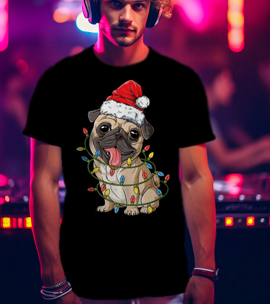 Pug Wearing Santa Hat Wrapped In Xmas Lights For Christmas T-Shirt