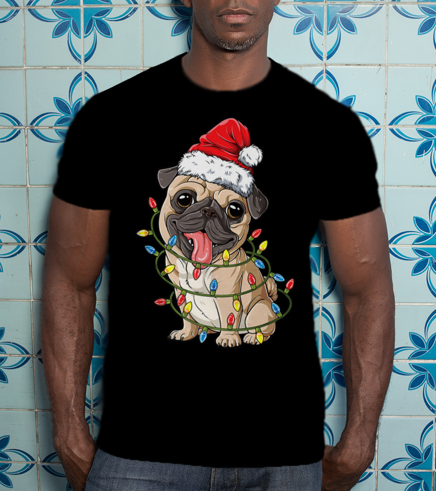 Pug Wearing Santa Hat Wrapped In Xmas Lights For Christmas T-Shirt
